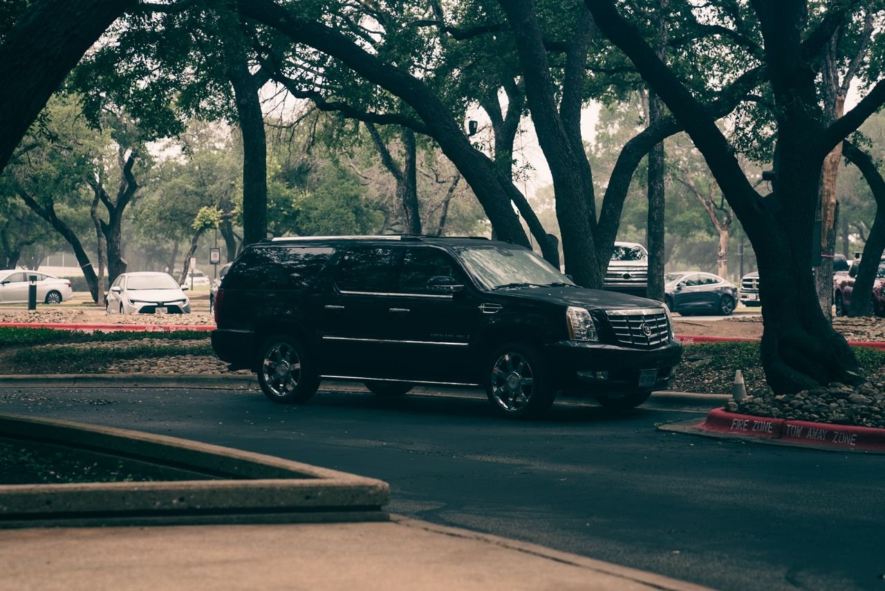 About Black luxury SUV parked under trees in an urban area, showcasing modern elegance.